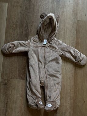 Beige Bear Hooded Baby Footed One-Piece